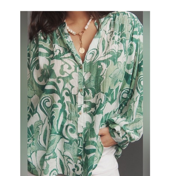 Pilcro Tops - Pilcro Blouse Green White Floral Dolman Sleeve Button Up Boho Flowy Romantic